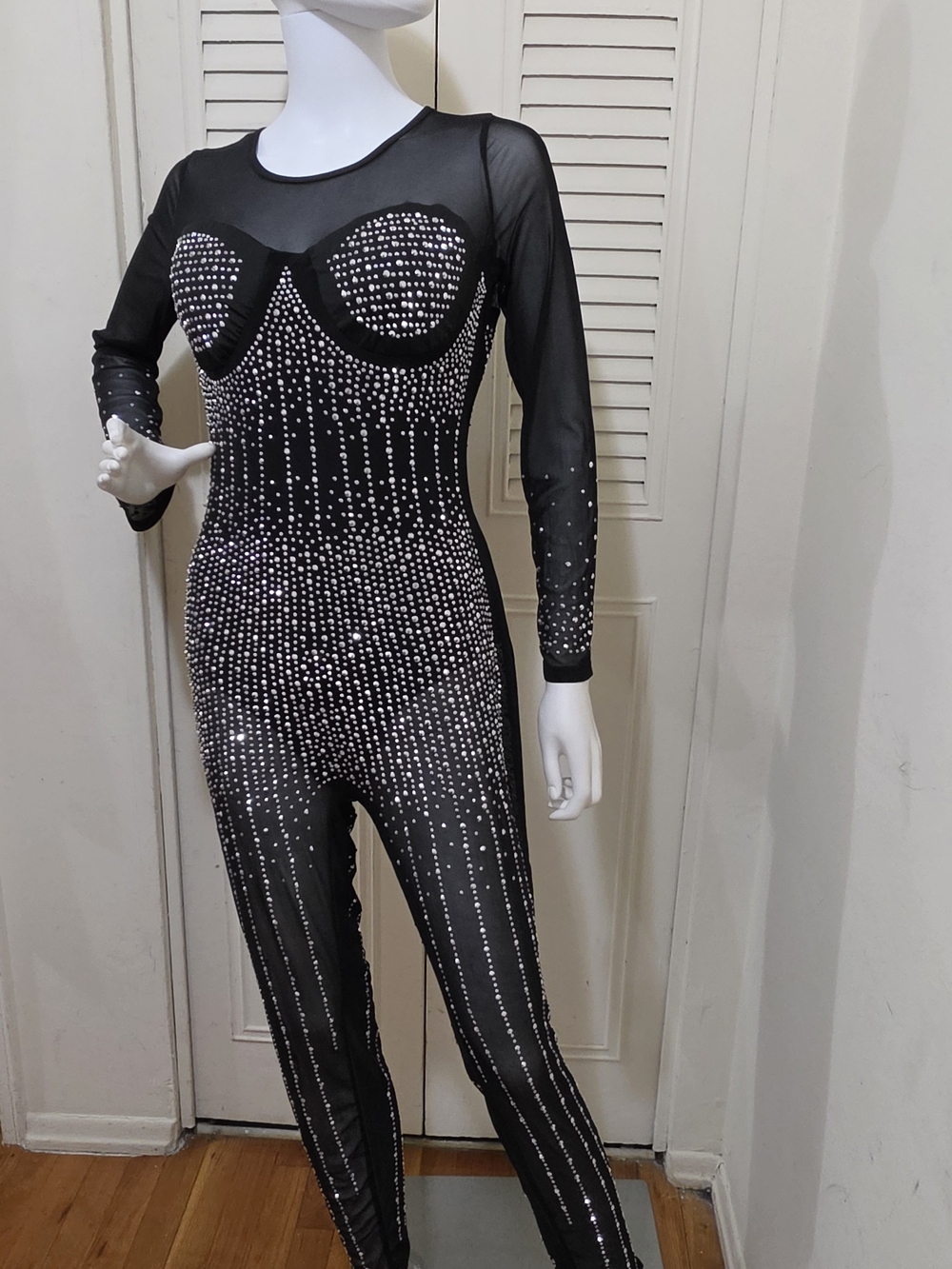 Black Rhinestone-Embellished Mesh Jumpsuit